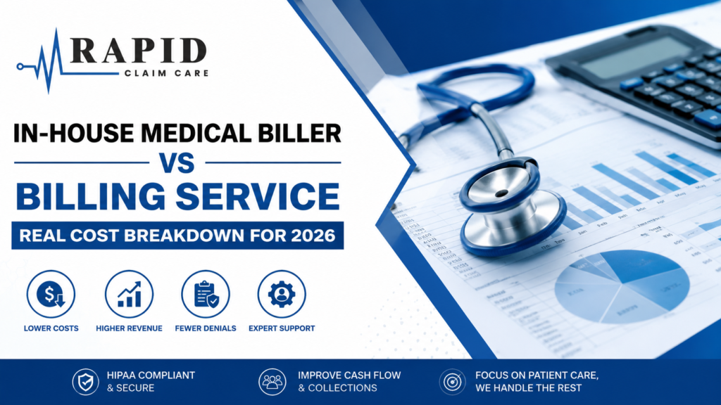 In-House Medical Biller vs Billing Service featured image by Rapids Claim Care showing healthcare billing cost comparison for 2026 with medical finance charts, stethoscope, calculator, and revenue cycle management benefits