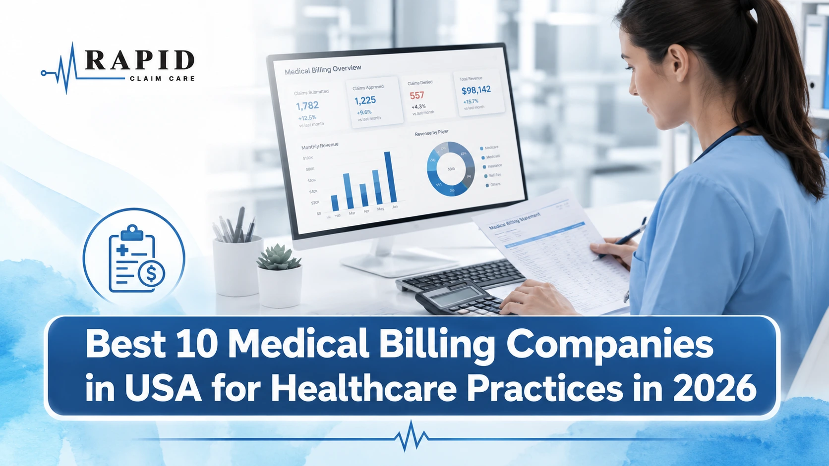 A healthcare provider reviews financial analytics on a dashboard featuring the best medical billing companies in USA.