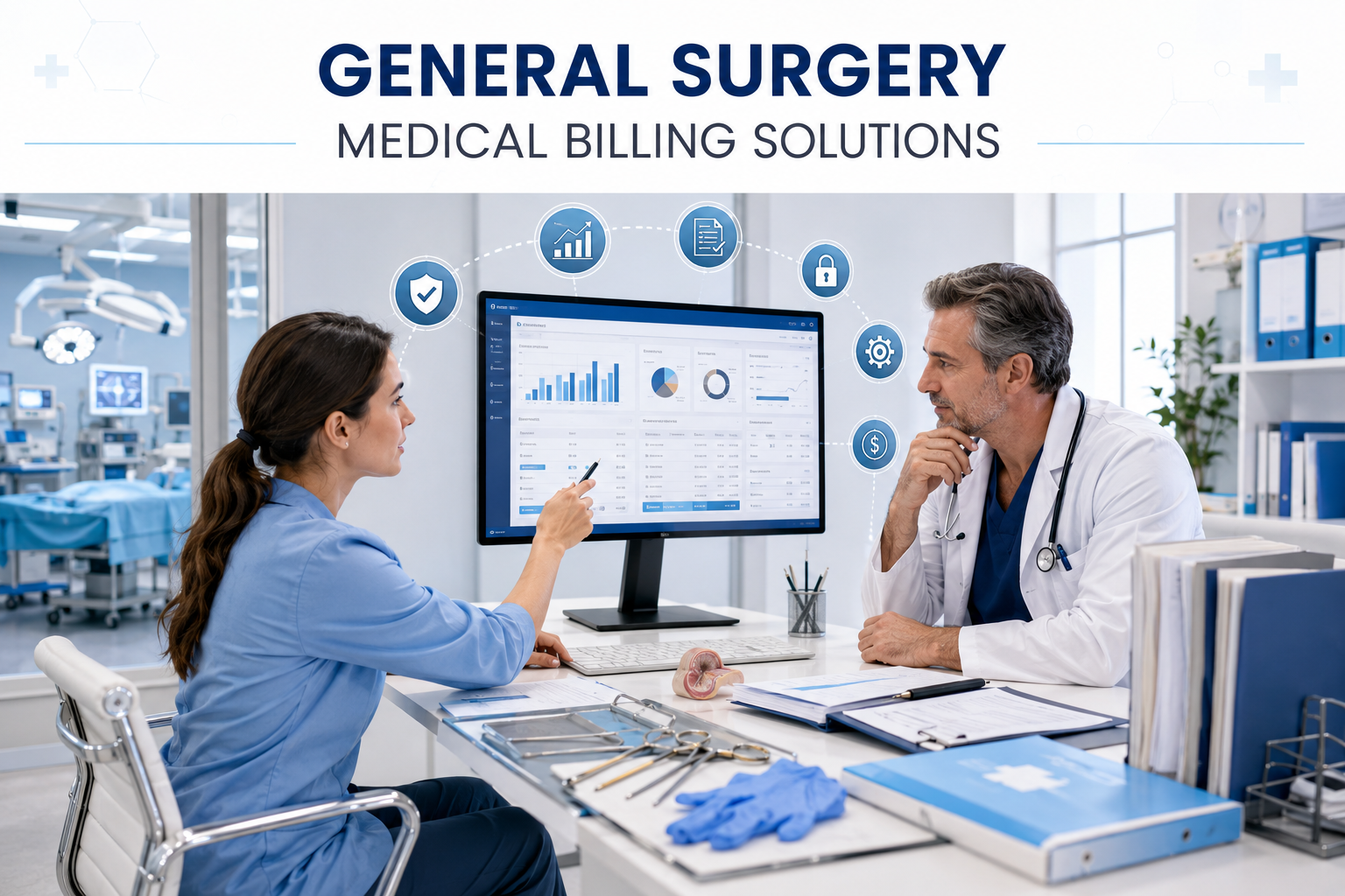 Modern healthcare office workspace with dual monitors displaying surgical medical billing software, CPT coding, ICD-10 coding, insurance claim tracking, denial management, reimbursement analytics, payment reports, and revenue cycle management dashboard with surgical tools on the desk.