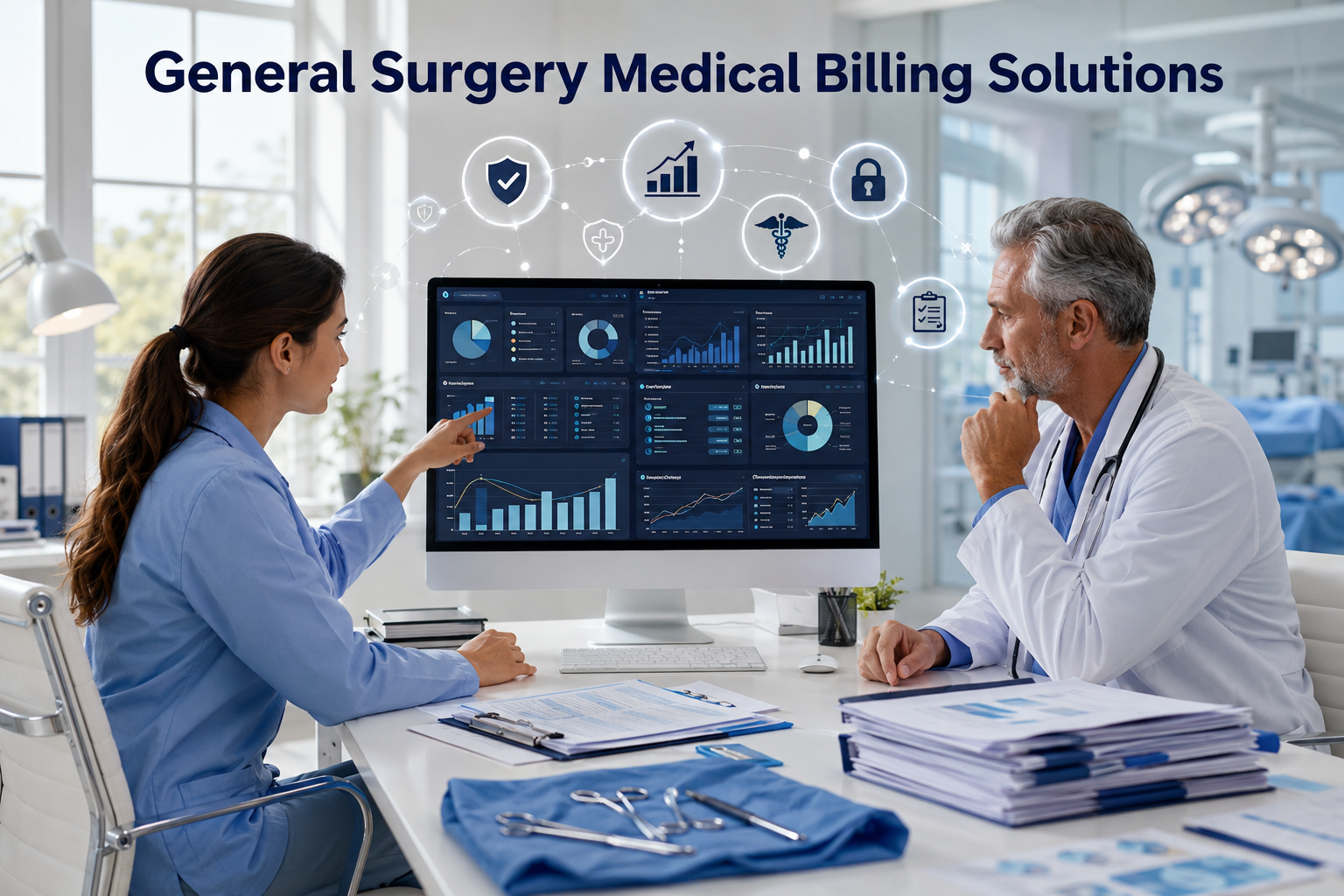 Experienced general surgeon discussing surgical billing reports with a medical billing specialist in a modern healthcare office featuring advanced medical billing dashboard, CPT coding, ICD-10 coding, insurance claims management, reimbursement analytics, and revenue cycle management.