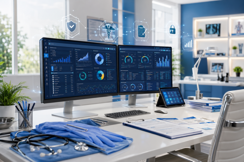 medical billing services platform tracking revenue cycle management data on dual office monitors near a stethoscope