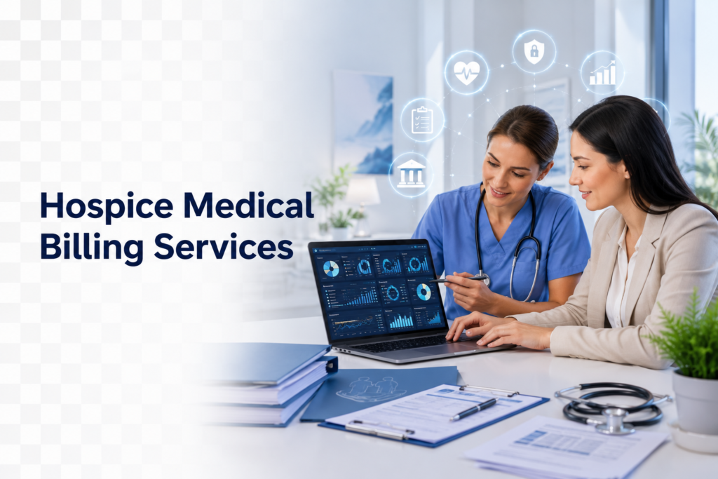 Compassionate hospice nurse reviewing Medicare hospice billing documentation with a medical billing specialist in a modern healthcare office featuring claims management, ICD-10 coding, reimbursement analytics, and revenue cycle management dashboard.