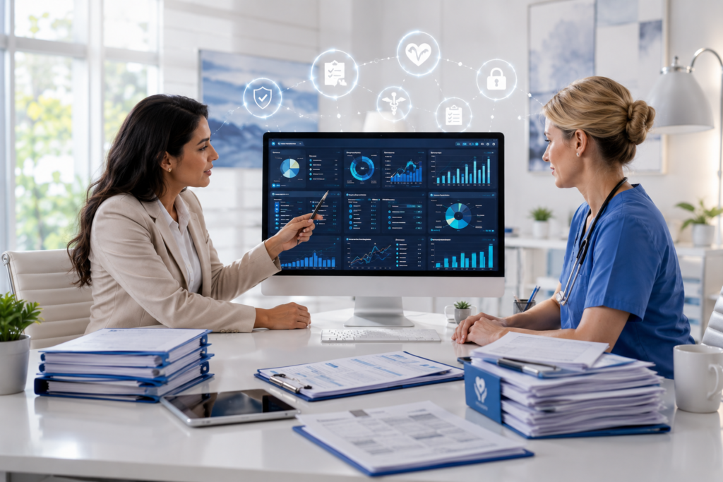 Hospice billing specialist explaining Medicare reimbursement reports to a hospice care coordinator using an advanced billing dashboard with ICD-10 coding, HCPCS codes, denial management, accounts receivable tracking, and revenue cycle analytics.