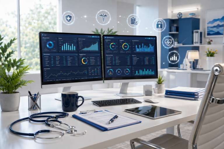 Executive healthcare office workspace with dual monitors displaying hospice medical billing software, Medicare claims tracking, reimbursement analytics, payment posting, denial management, financial reports, HIPAA-compliant billing, and revenue cycle management tools.