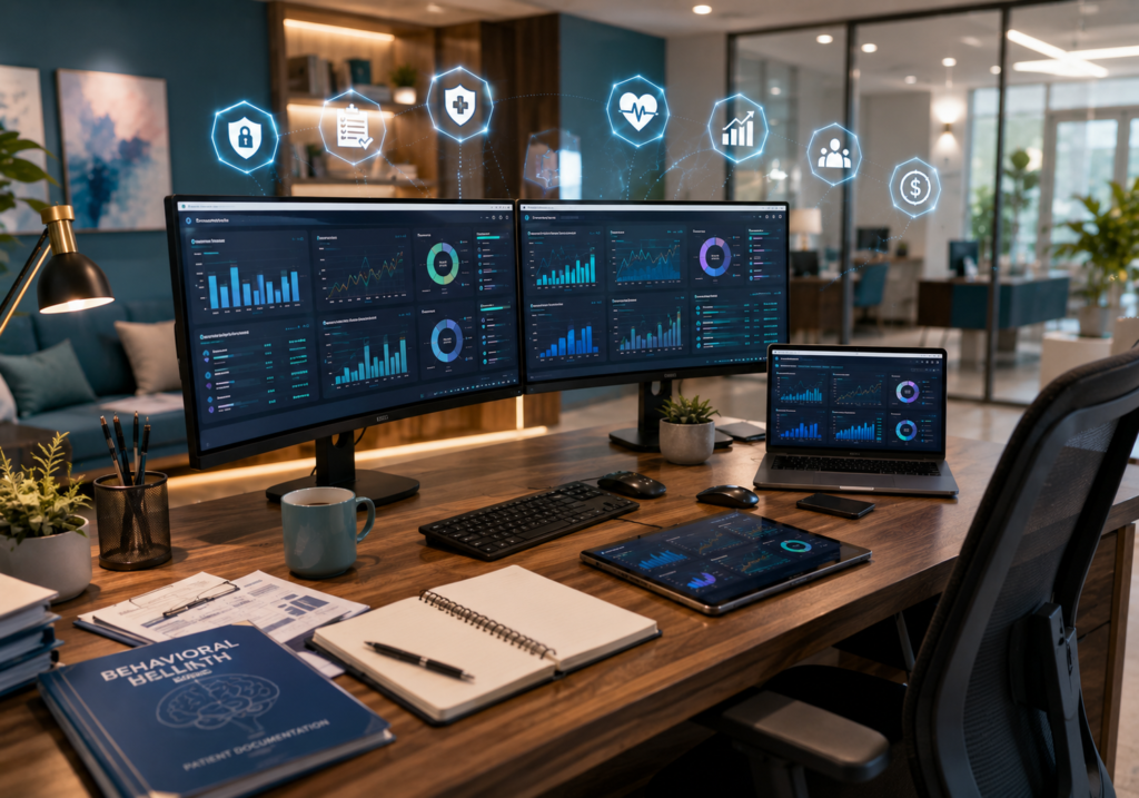 Executive behavioral health billing workspace with dual curved monitors displaying mental health medical billing software, psychotherapy claims, psychiatric billing, telehealth reimbursement, CPT coding, ICD-10 coding, insurance claim tracking, reimbursement analytics, accounts receivable metrics, and revenue cycle management dashboard.