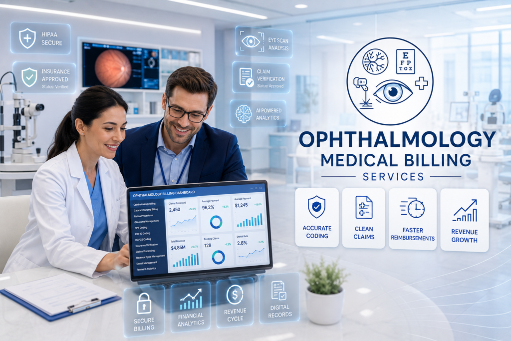 Ophthalmologist and medical billing specialist reviewing ophthalmology billing and insurance claims in a modern eye clinic.