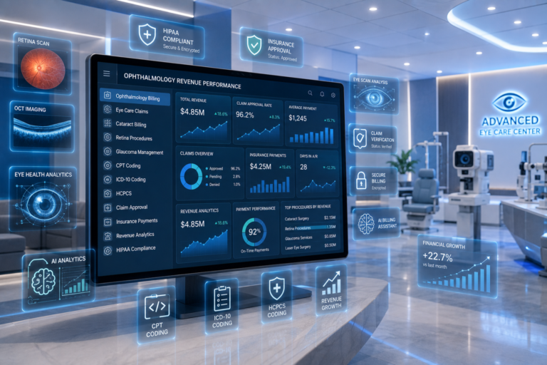 Digital ophthalmology medical billing dashboard with revenue analytics, insurance claims, coding, and healthcare billing interface in a modern eye hospital.
