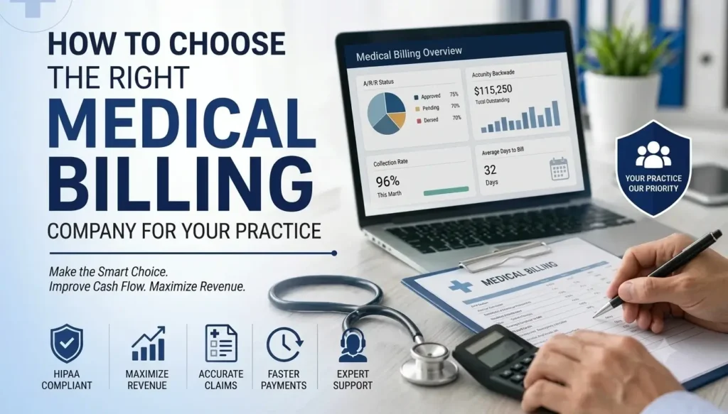 Graphic guide on how to choose a medical billing company featuring a laptop displaying practice financial dashboards and billing forms