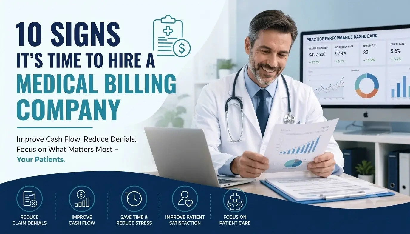 Infographic showing time to hire a medical billing company, featuring a doctor reviewing practice performance analytics to reduce denials and improve cash flow.