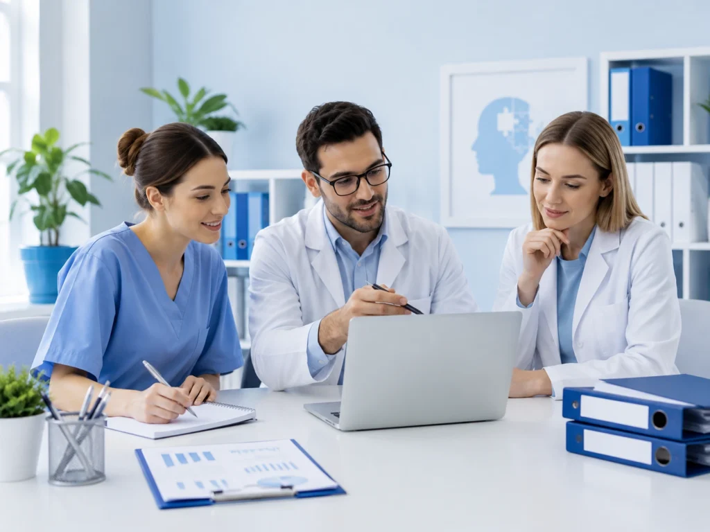 Mental health providers collaborating on customized billing solutions in a modern healthcare office