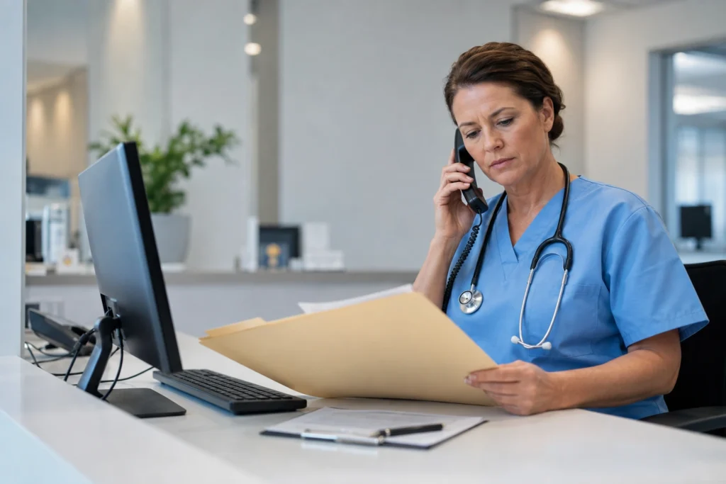 DME billing professional reviewing medical equipment claims and documentation for accurate reimbursement