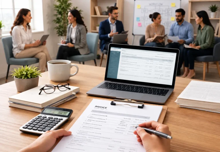 Medical billing professional reviewing an invoice and computer records