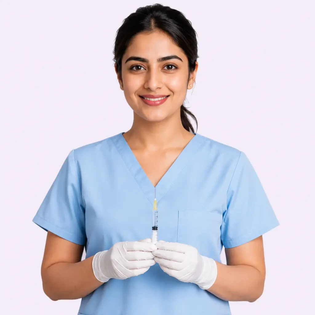 Female healthcare professional holding a syringe in blue scrubs