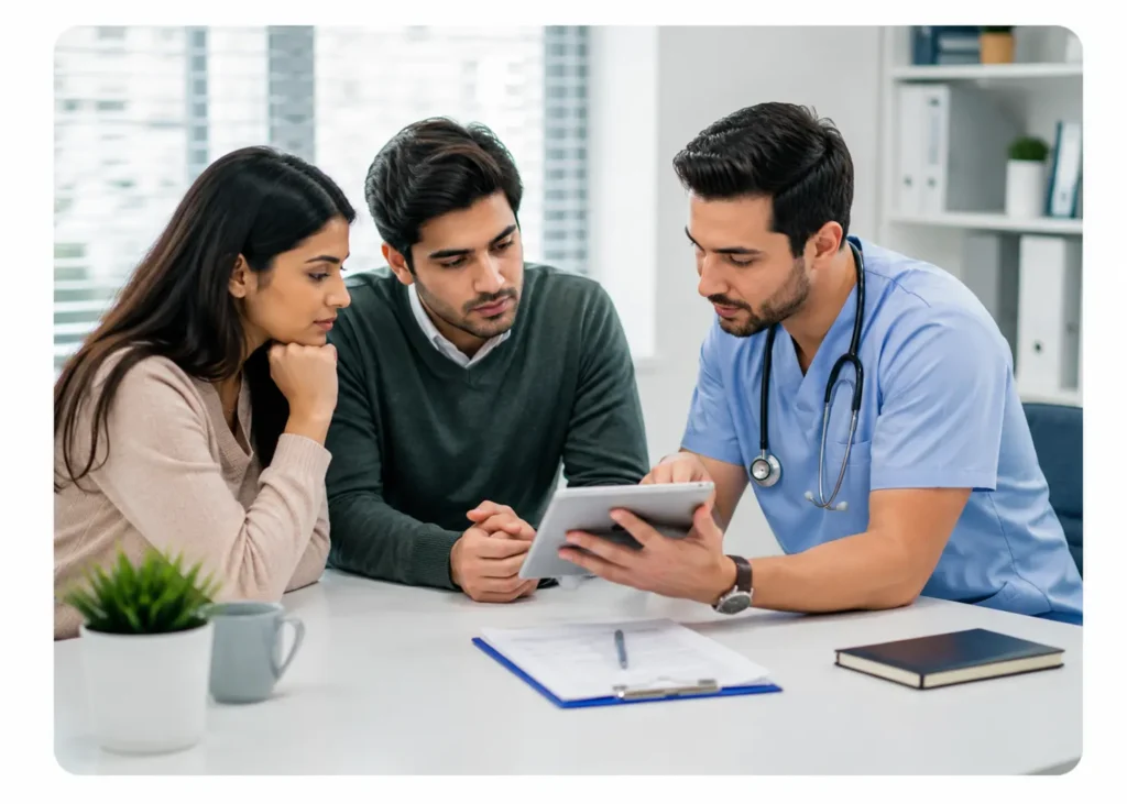 Doctor discussing medical information with two patients