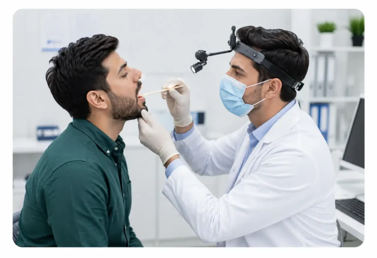 Doctor examining a patient's throat during a medical checkup