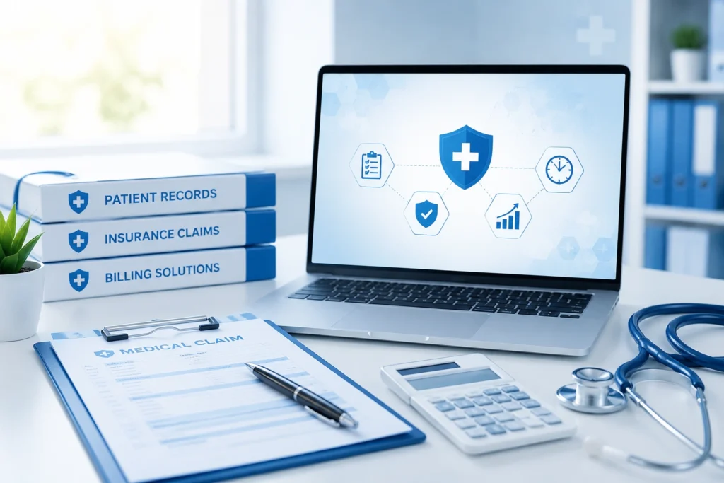 Workers’ compensation medical billing services with a healthcare professional reviewing claims and billing documents in a medical office