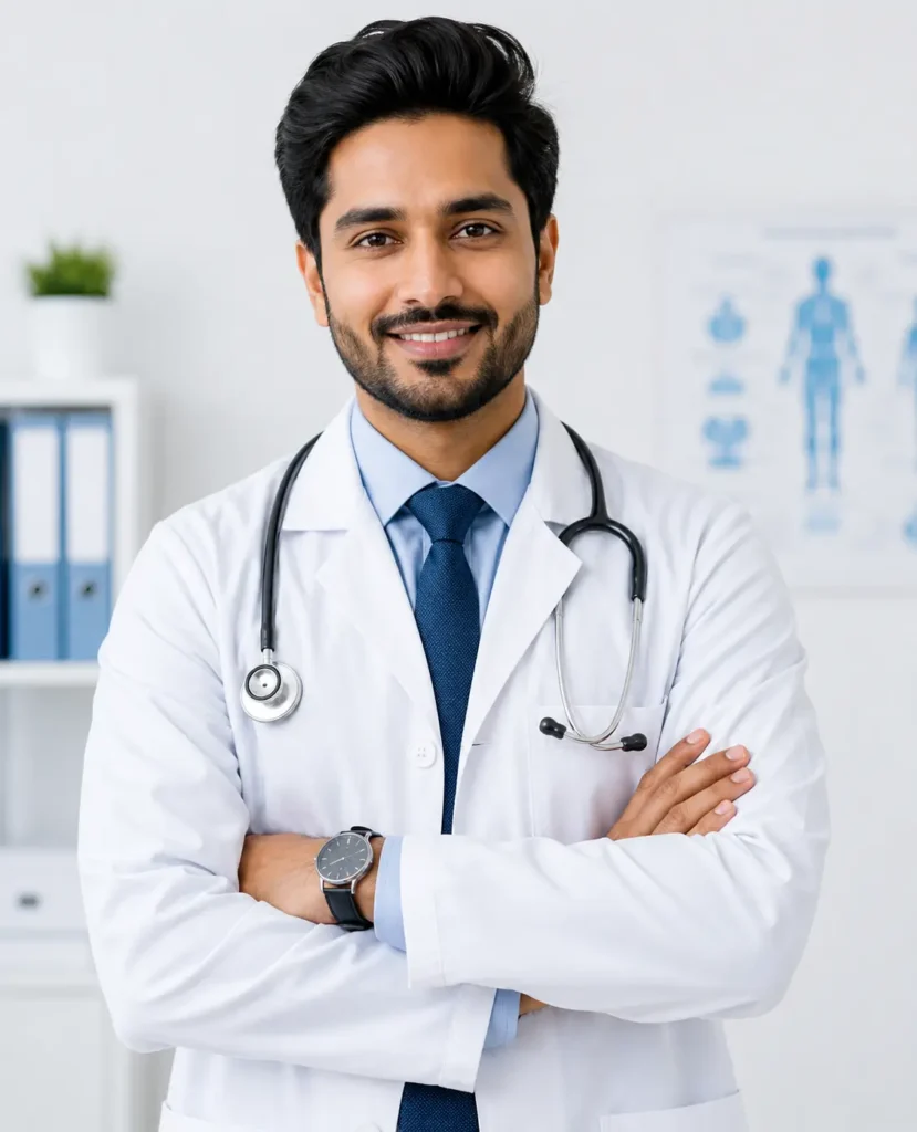Professional male doctor wearing a white coat and stethoscope in a modern clinic