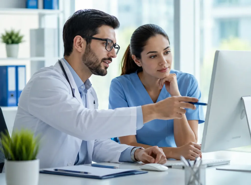 Doctor and female healthcare professional discussing information on a computer in a modern clinic