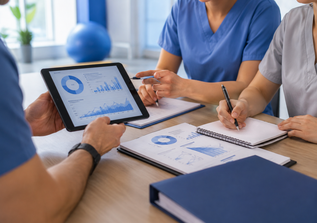 Physical therapy billing professionals reviewing practice revenue and billing information on a tablet in a clinical setting