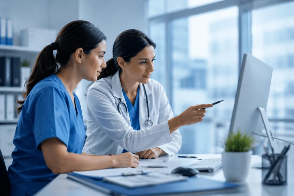 Two healthcare professionals reviewing pain management billing information on a computer in a modern blue-themed medical office.