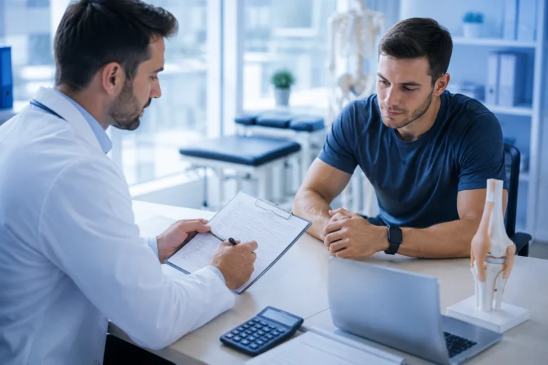 Sports medicine physician consulting with an athlete while reviewing medical documents in a modern blue-themed clinic.