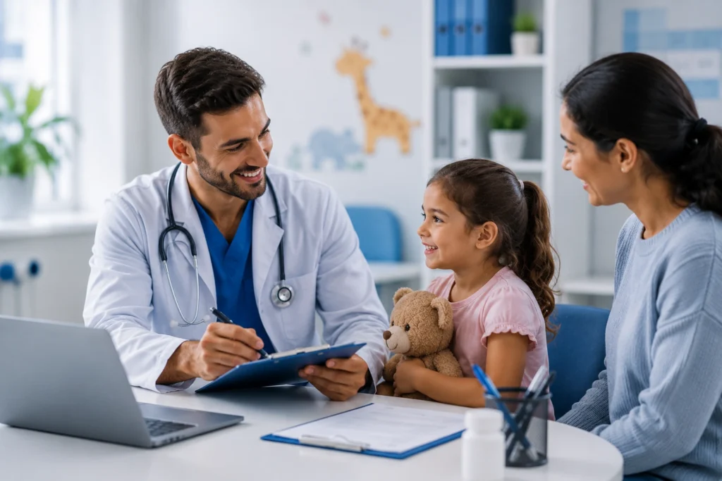 Pediatric doctor discussing a child’s care with her mother while reviewing medical information in a modern blue-themed clinic.