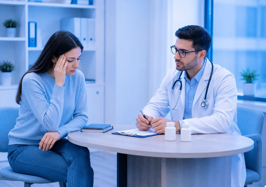 Mental health doctor discussing care with a female patient in a modern blue-themed medical office.