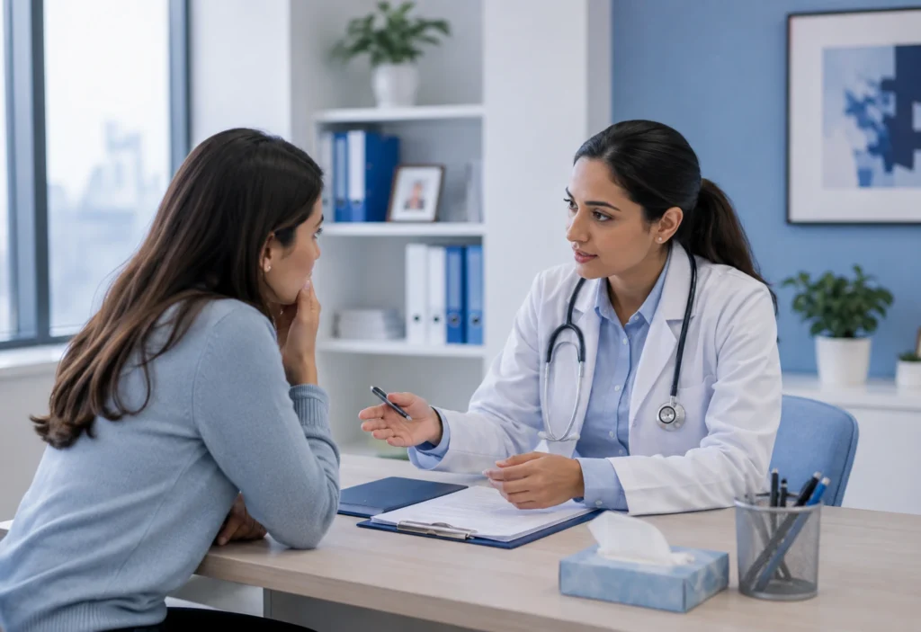 Mental health doctor discussing patient care and reviewing medical documents in a modern blue-themed clinic.
