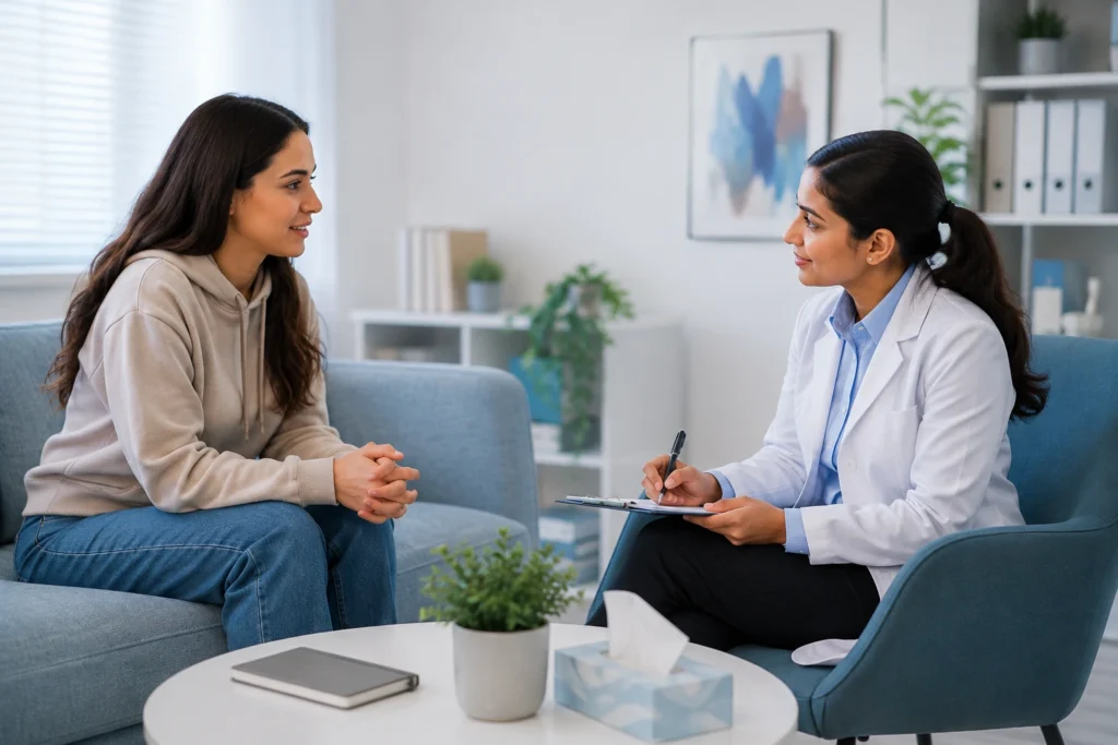 Behavioral health professional speaking with a patient during a consultation in a modern blue-themed clinic.