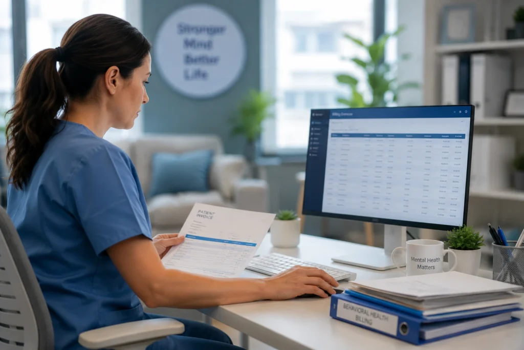 Healthcare professional reviewing a patient invoice and billing information on a computer in a modern behavioral health office.