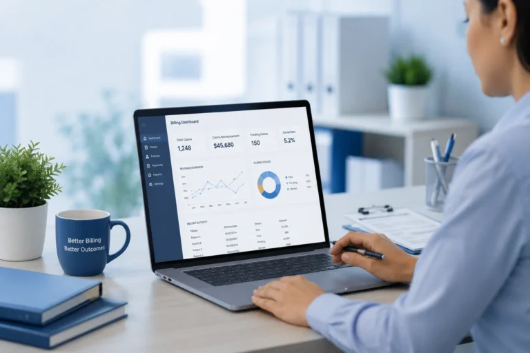 Healthcare professional reviewing a digital billing dashboard on a laptop in a modern blue-themed office.