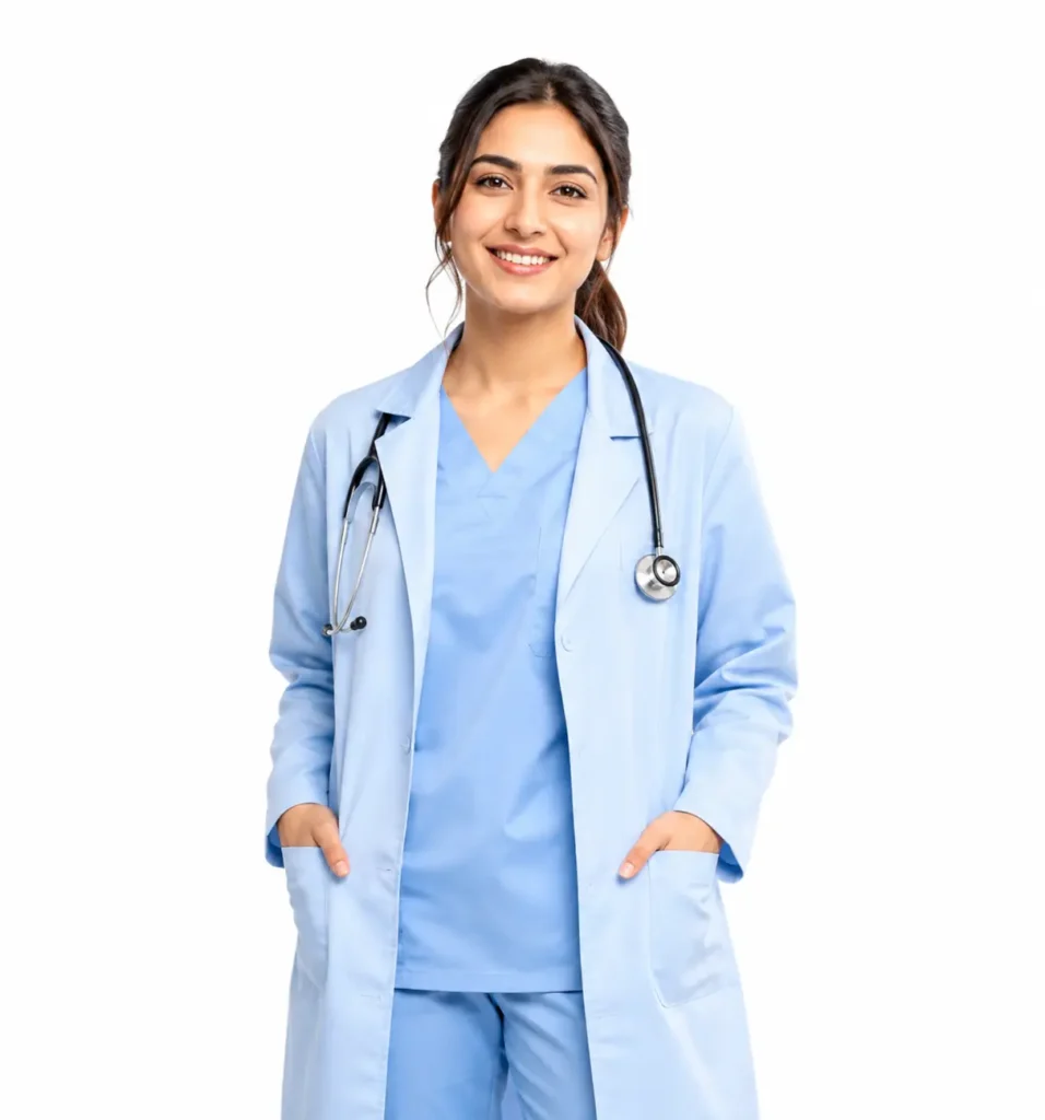 Female healthcare professional in light blue medical uniform