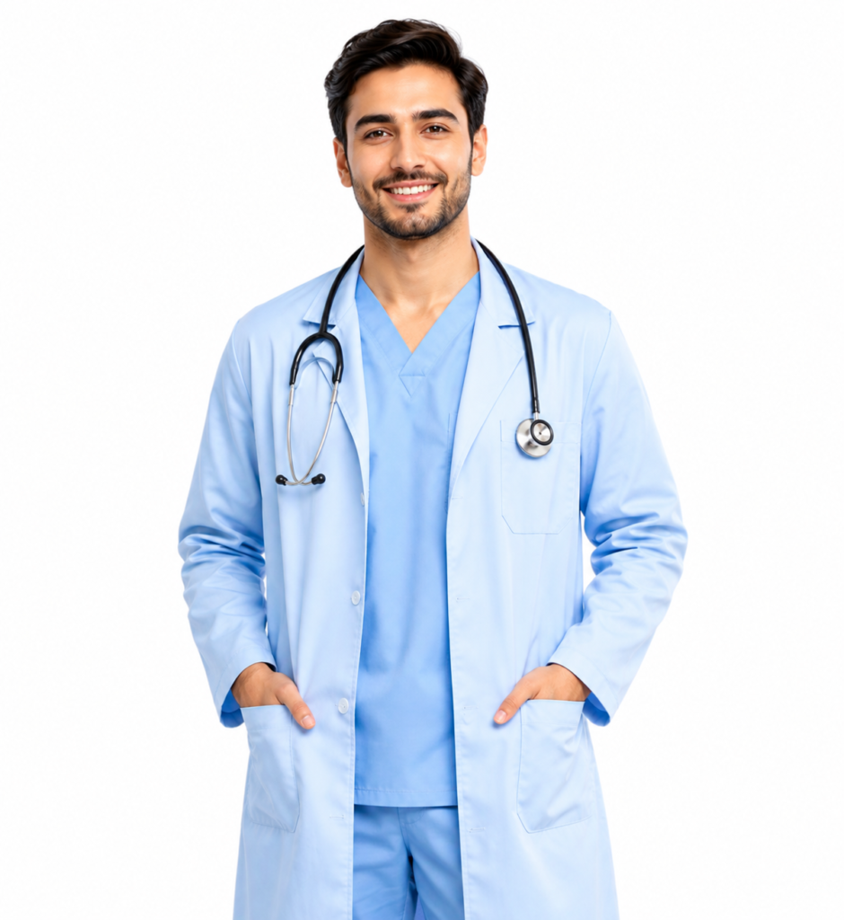 Male healthcare professional in light blue medical uniform