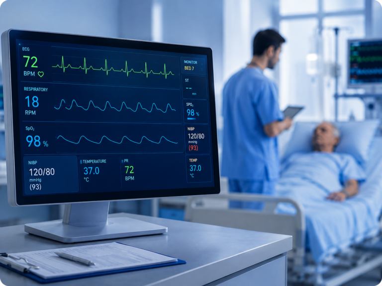 Hospital patient monitoring system displaying vital signs