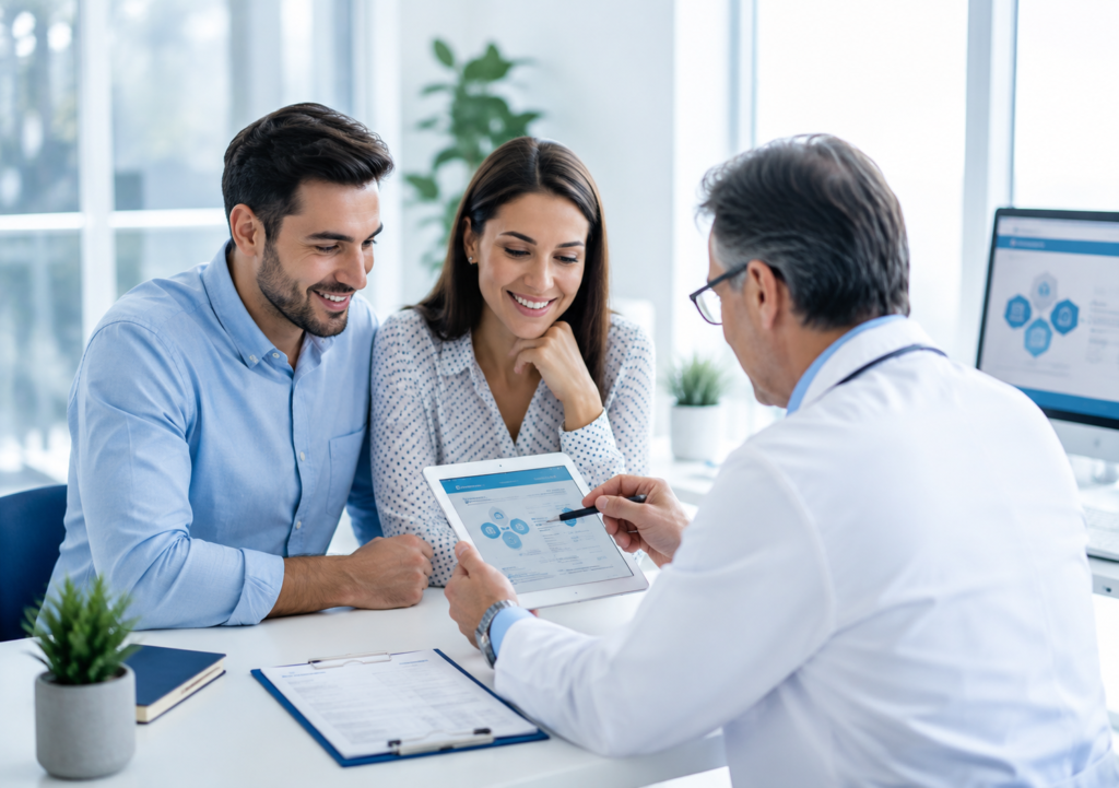 Doctor discussing healthcare information with a couple