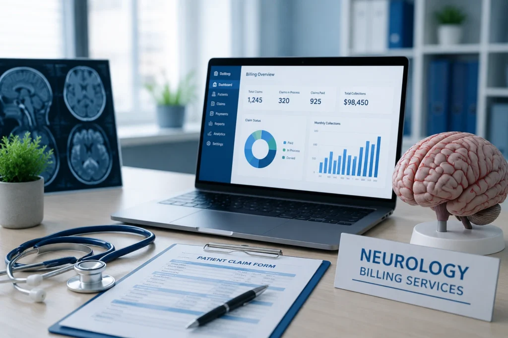 Neurologist reviewing brain MRI scans in a modern clinic while billing documents and a digital billing dashboard are visible in the foreground.