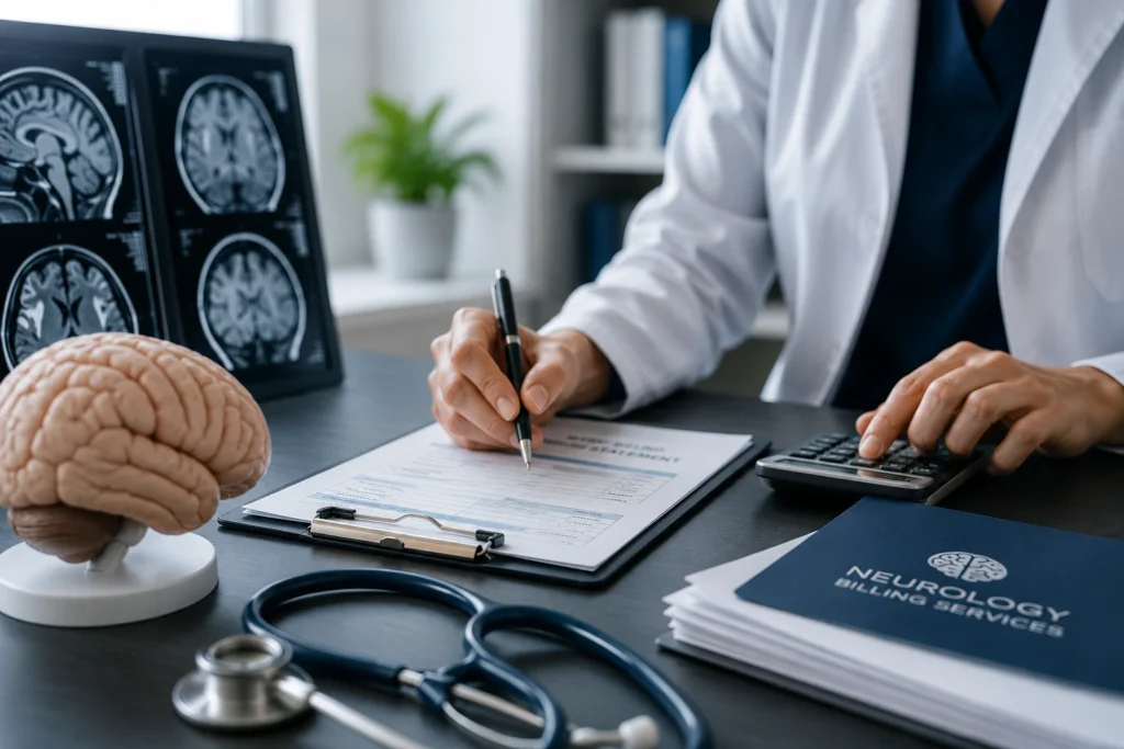 Neurology professional reviewing a patient billing document and calculating charges beside brain imaging in a modern medical office.