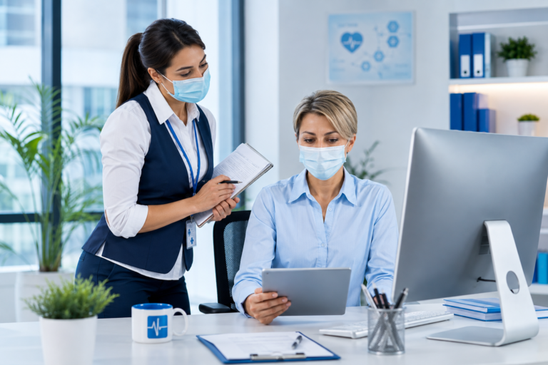Healthcare professionals reviewing medical information together