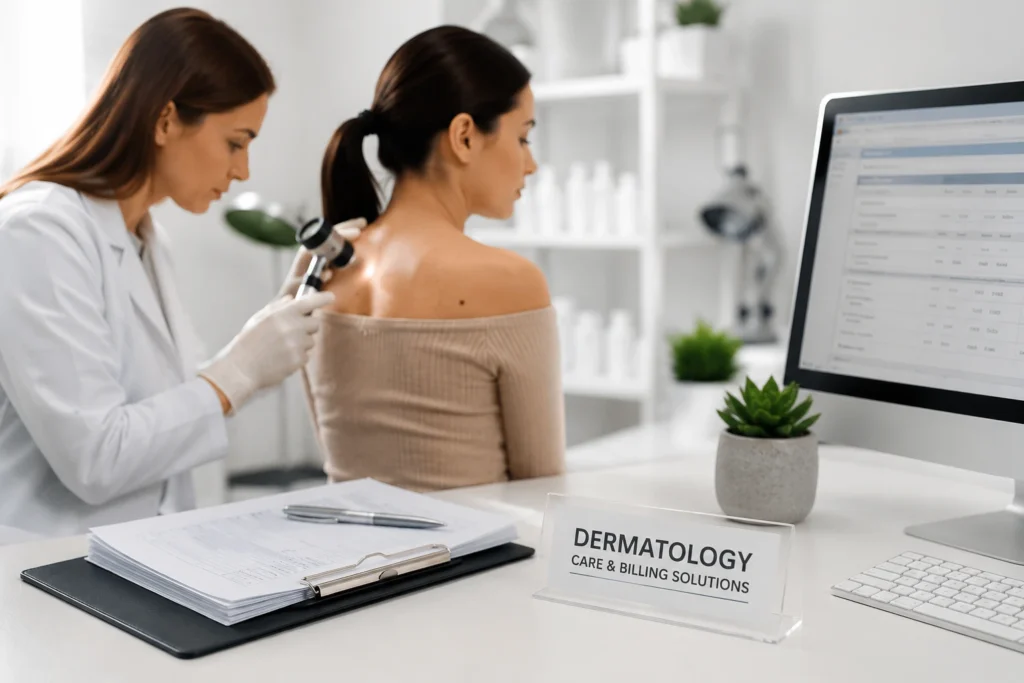 Dermatologist examining a patient’s skin with a dermatoscope in a modern clinical setting, representing specialized dermatology billing support and practice profitability.