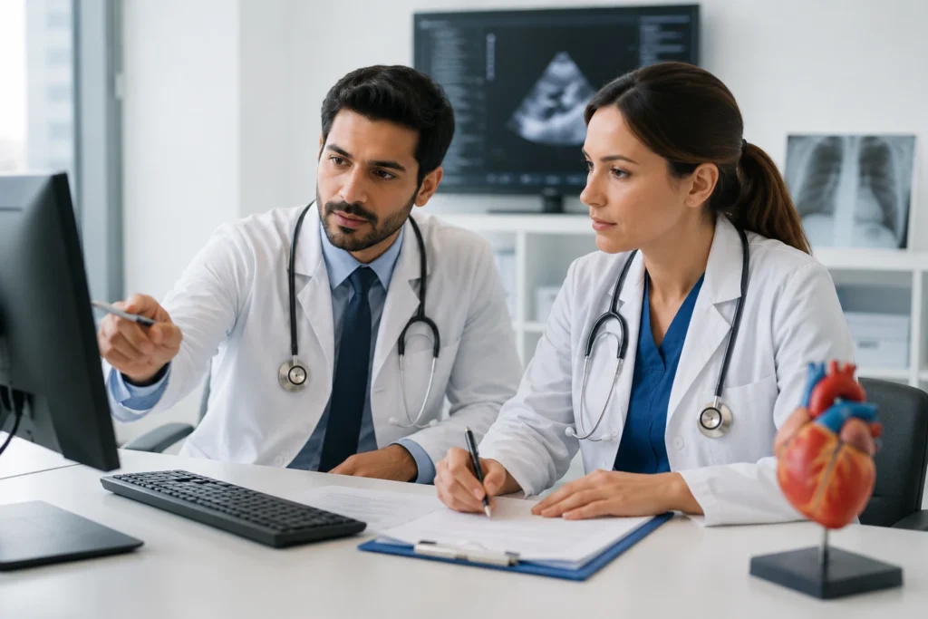 Two cardiologists reviewing cardiac imaging and medical records together in a modern, blue-toned cardiology clinic.