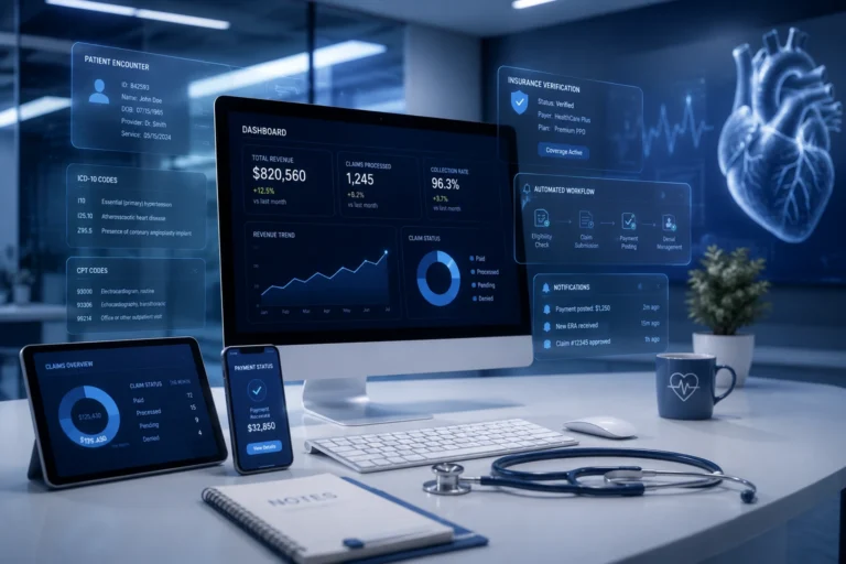 Modern cardiology billing technology displayed across digital devices with claims, payments, insurance verification, and revenue management data in a blue-themed healthcare workspace.