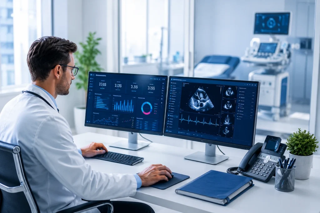 Oncologist reviewing patient imaging and billing information on digital screens in a modern, blue-themed medical clinic.