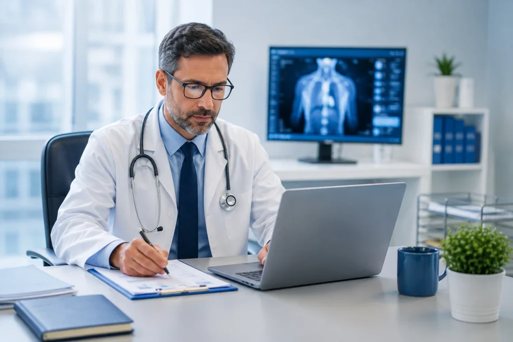 Oncologist reviewing medical records and billing documents at a desk in a modern blue-themed oncology clinic.