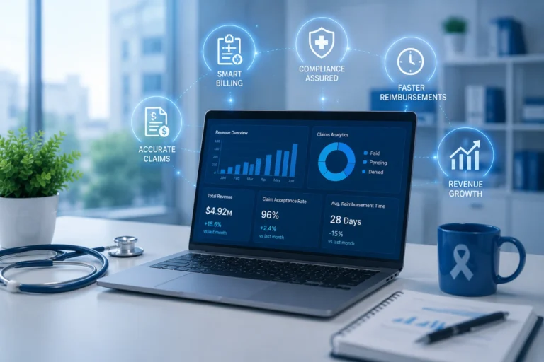 Modern healthcare billing technology workspace with a laptop displaying oncology revenue and claims analytics in a professional blue medical setting.