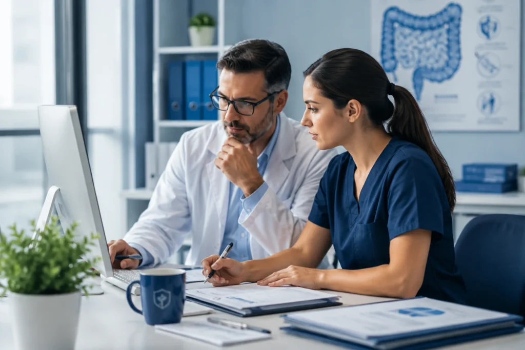 Gastroenterology billing professionals reviewing claims and practice information in a modern medical office