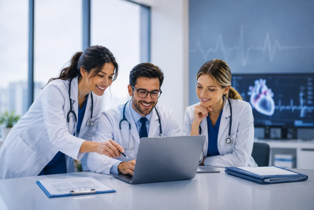 Cardiologist consulting with a patient in a modern blue-themed cardiology clinic, representing specialized billing support and stronger practice profitability.