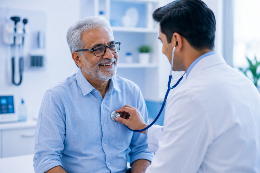 Urgent care medical billing services with a doctor examining an older patient in a modern medical clinic