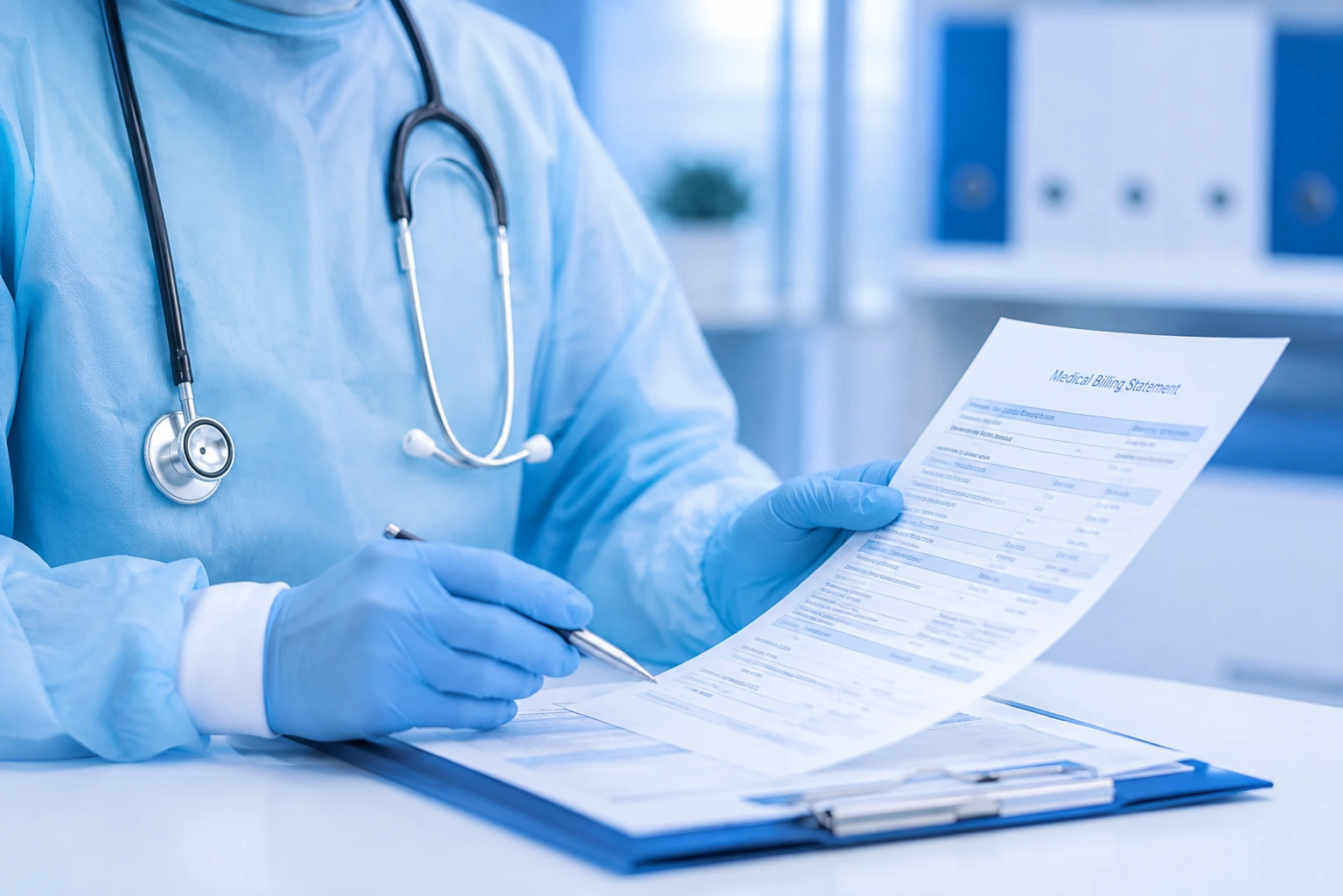General surgery medical billing services with a surgeon reviewing patient documentation in a modern clinical setting.