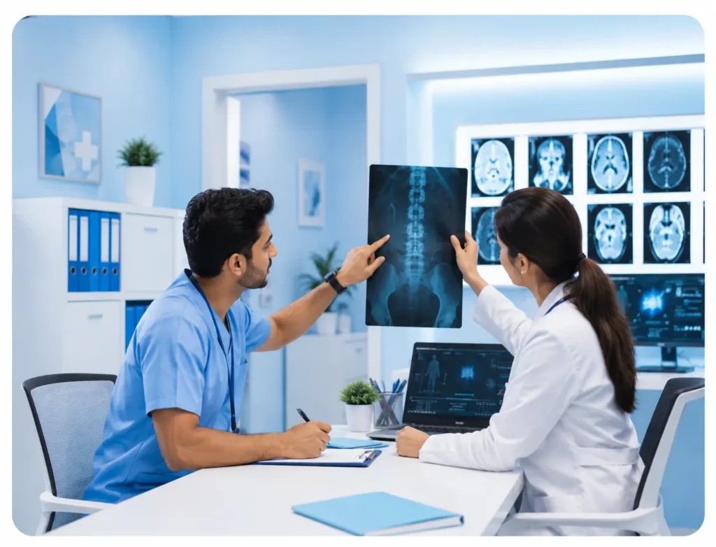 Female radiologist reviewing MRI brain scans in a modern medical imaging room