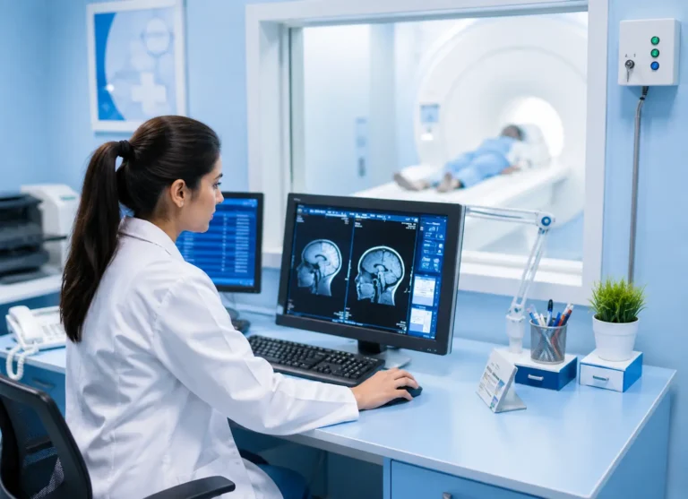 Female medical professional analyzing MRI scans on a computer in a radiology room